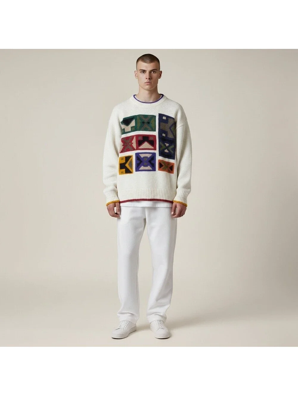 Boston Traders Sweater Pullover Men M Medium White Geometric Knit Cotton Soft